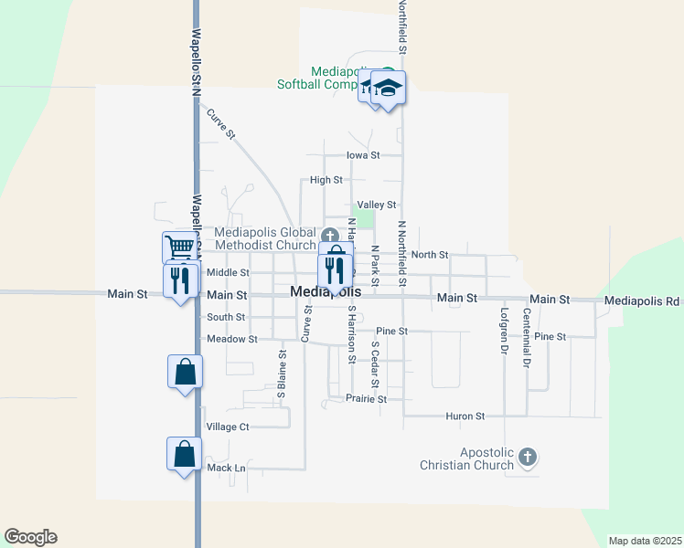map of restaurants, bars, coffee shops, grocery stores, and more near Middle Street in Mediapolis