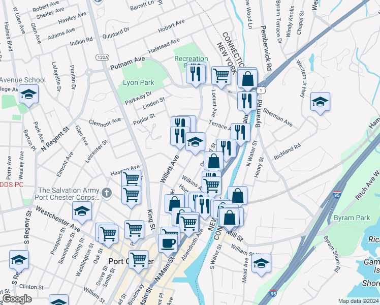 map of restaurants, bars, coffee shops, grocery stores, and more near 272 Locust Avenue in Port Chester