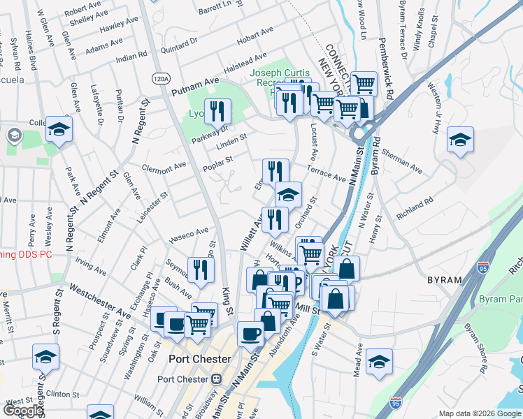 map of restaurants, bars, coffee shops, grocery stores, and more near 350 Willett Avenue in Port Chester