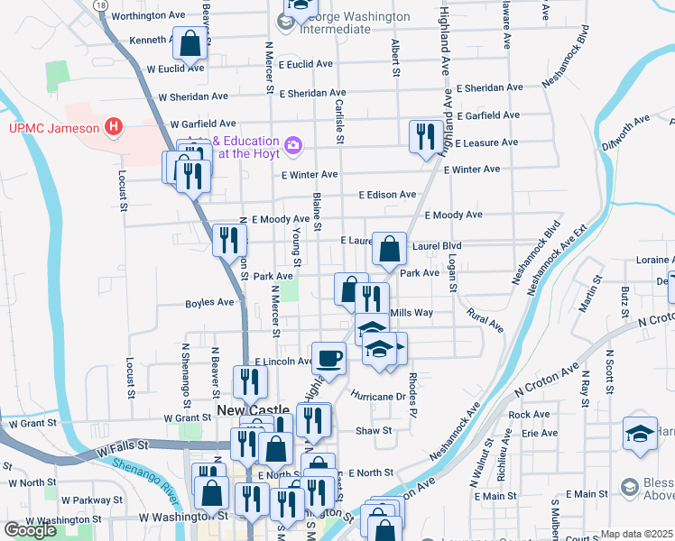 map of restaurants, bars, coffee shops, grocery stores, and more near 140 Park Avenue in New Castle