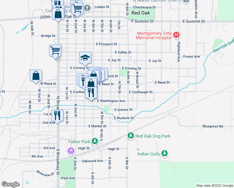 map of restaurants, bars, coffee shops, grocery stores, and more near 411 North 7th Street in Red Oak
