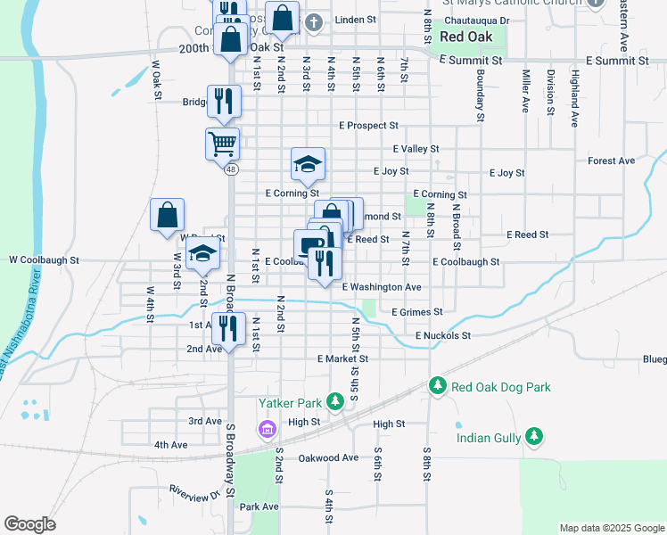 map of restaurants, bars, coffee shops, grocery stores, and more near 410 East Coolbaugh Street in Red Oak