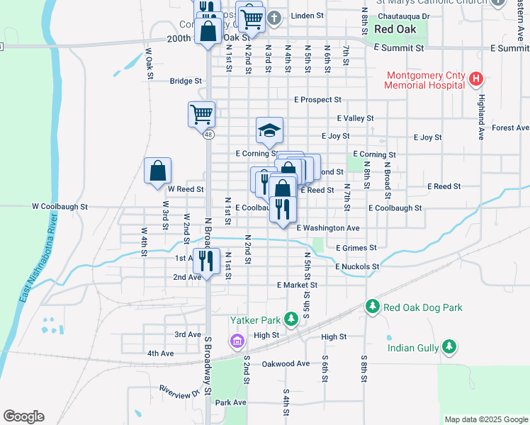 map of restaurants, bars, coffee shops, grocery stores, and more near 300 East Coolbaugh Street in Red Oak