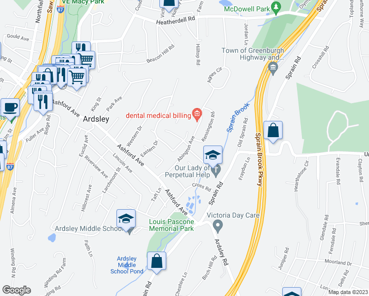 map of restaurants, bars, coffee shops, grocery stores, and more near 22 Abington Avenue in Ardsley