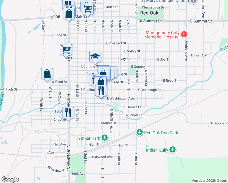 map of restaurants, bars, coffee shops, grocery stores, and more near 407 North 6th Street in Red Oak