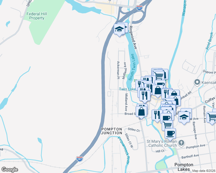 map of restaurants, bars, coffee shops, grocery stores, and more near 30 Federal Hill Road in Pompton Lakes