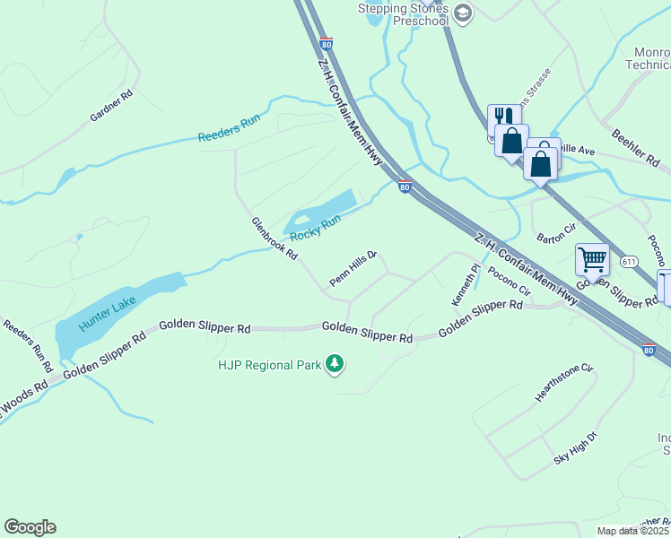 map of restaurants, bars, coffee shops, grocery stores, and more near 2519 Penn Hills Drive in Monroe County