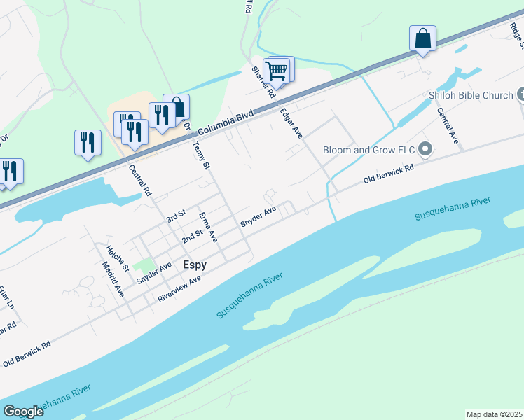 map of restaurants, bars, coffee shops, grocery stores, and more near 2612 Snyder Ave in Bloomsburg