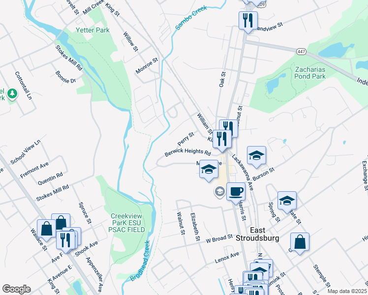 map of restaurants, bars, coffee shops, grocery stores, and more near 132 Berwick Heights Road in East Stroudsburg