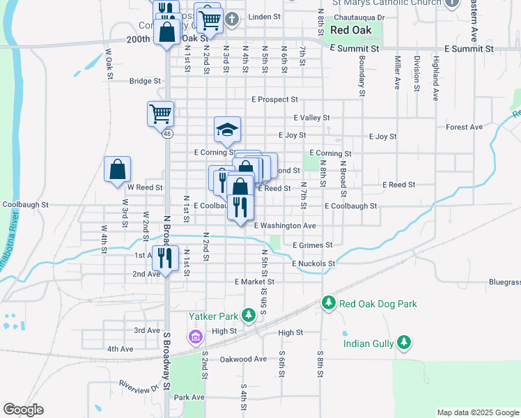 map of restaurants, bars, coffee shops, grocery stores, and more near 410 East Coolbaugh Street in Red Oak