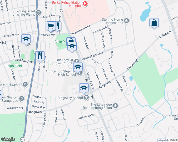 map of restaurants, bars, coffee shops, grocery stores, and more near in White Plains