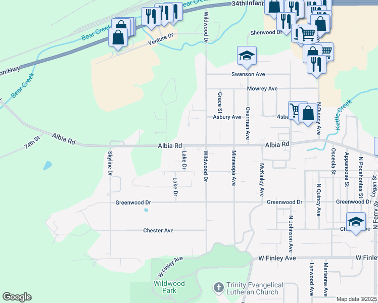 map of restaurants, bars, coffee shops, grocery stores, and more near 1918 Albia Road in Ottumwa