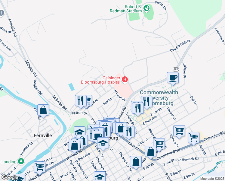 map of restaurants, bars, coffee shops, grocery stores, and more near 361 Fair Street in Bloomsburg