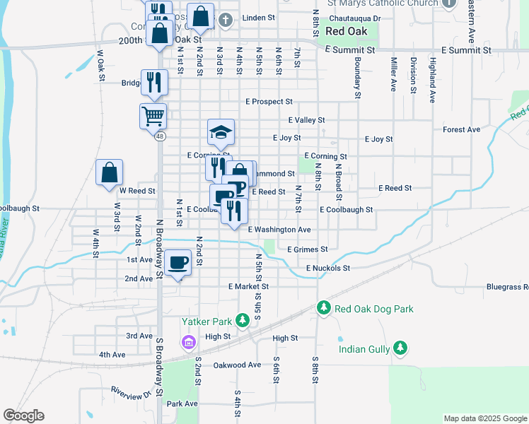 map of restaurants, bars, coffee shops, grocery stores, and more near 407 North 6th Street in Red Oak