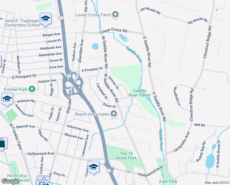map of restaurants, bars, coffee shops, grocery stores, and more near 27 West Saddle River Road in Waldwick