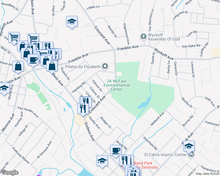 map of restaurants, bars, coffee shops, grocery stores, and more near 90 Wood Street in Wyckoff