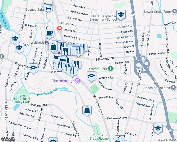 map of restaurants, bars, coffee shops, grocery stores, and more near 10 Charles Terrace in Waldwick