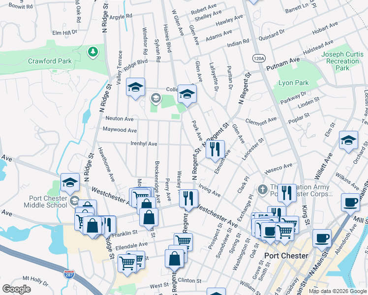 map of restaurants, bars, coffee shops, grocery stores, and more near 90 North Regent Street in Port Chester