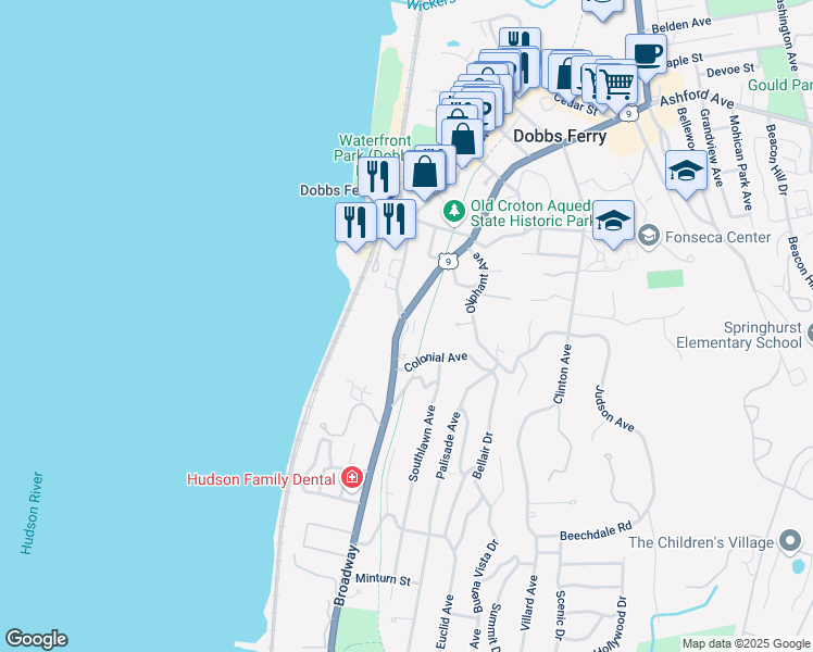 map of restaurants, bars, coffee shops, grocery stores, and more near 37 Colonial Avenue in Dobbs Ferry