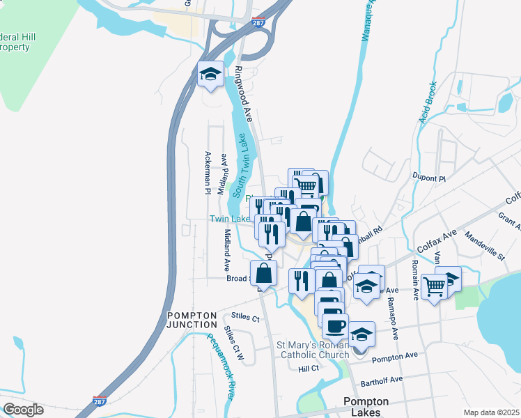 map of restaurants, bars, coffee shops, grocery stores, and more near 20 Albert Street in Pompton Lakes