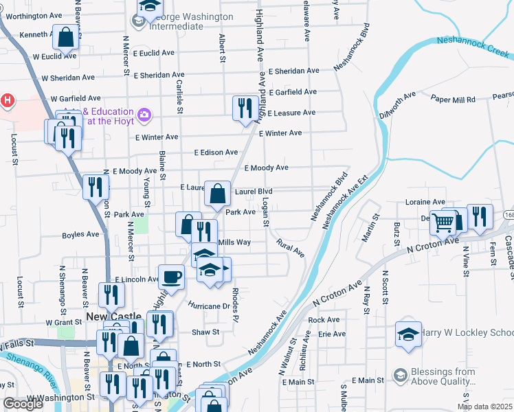 map of restaurants, bars, coffee shops, grocery stores, and more near 328 Park Avenue in New Castle