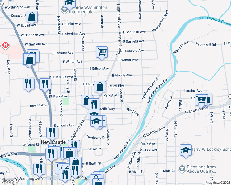 map of restaurants, bars, coffee shops, grocery stores, and more near 328 Park Avenue in New Castle