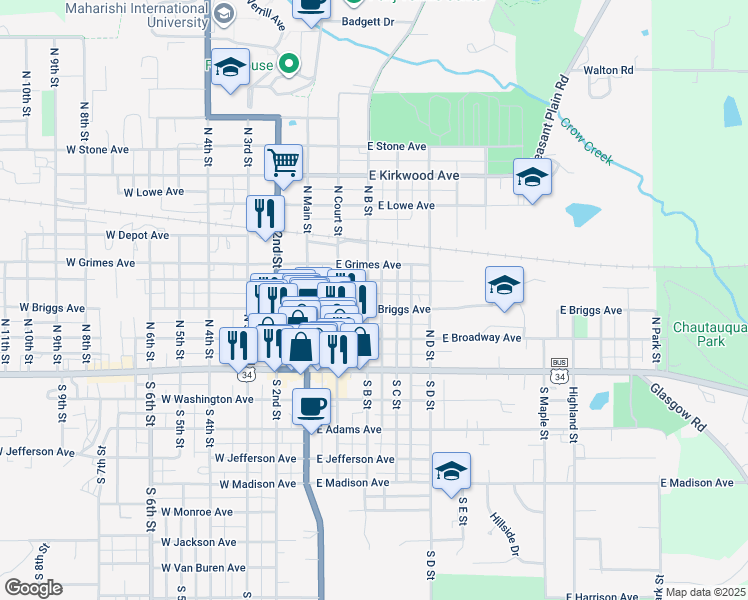 map of restaurants, bars, coffee shops, grocery stores, and more near 248-298 E Briggs Ave in Fairfield