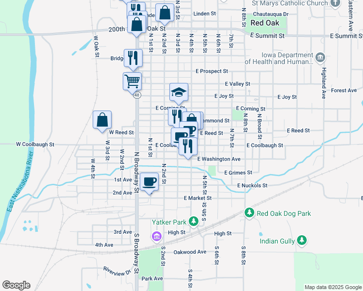 map of restaurants, bars, coffee shops, grocery stores, and more near 300 East Coolbaugh Street in Red Oak