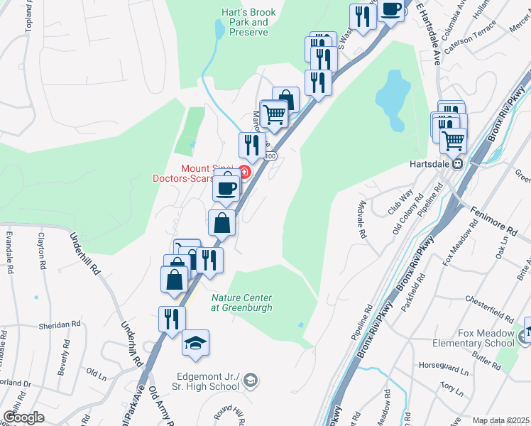 map of restaurants, bars, coffee shops, grocery stores, and more near 348 Central Park Avenue in Scarsdale