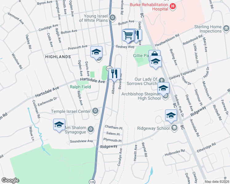 map of restaurants, bars, coffee shops, grocery stores, and more near 131 Albemarle Road in White Plains