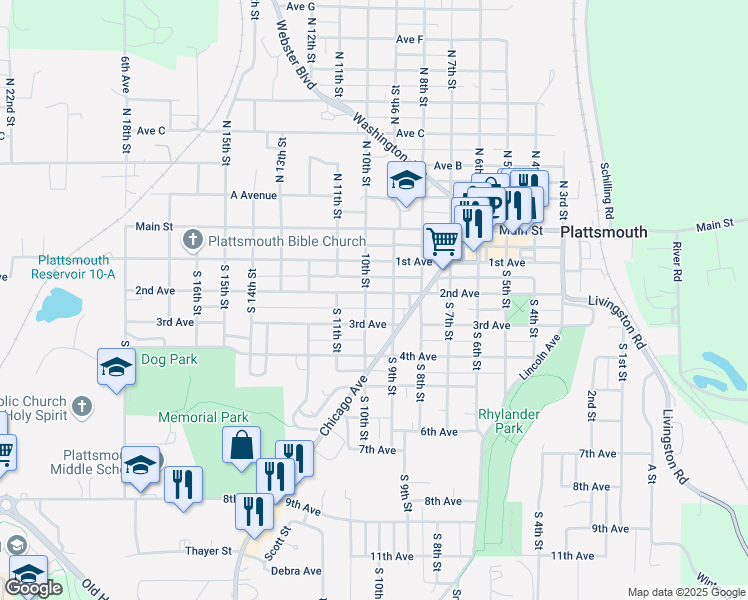 map of restaurants, bars, coffee shops, grocery stores, and more near 319 South 9th Street in Plattsmouth