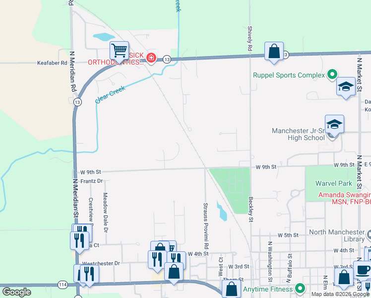 map of restaurants, bars, coffee shops, grocery stores, and more near 909 Marshall Way in North Manchester