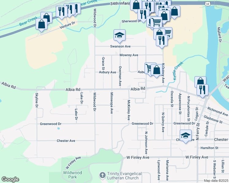map of restaurants, bars, coffee shops, grocery stores, and more near 500-598 Minneopa Avenue in Ottumwa