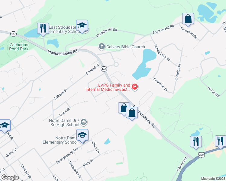 map of restaurants, bars, coffee shops, grocery stores, and more near 2 Ashburn Dr in East Stroudsburg