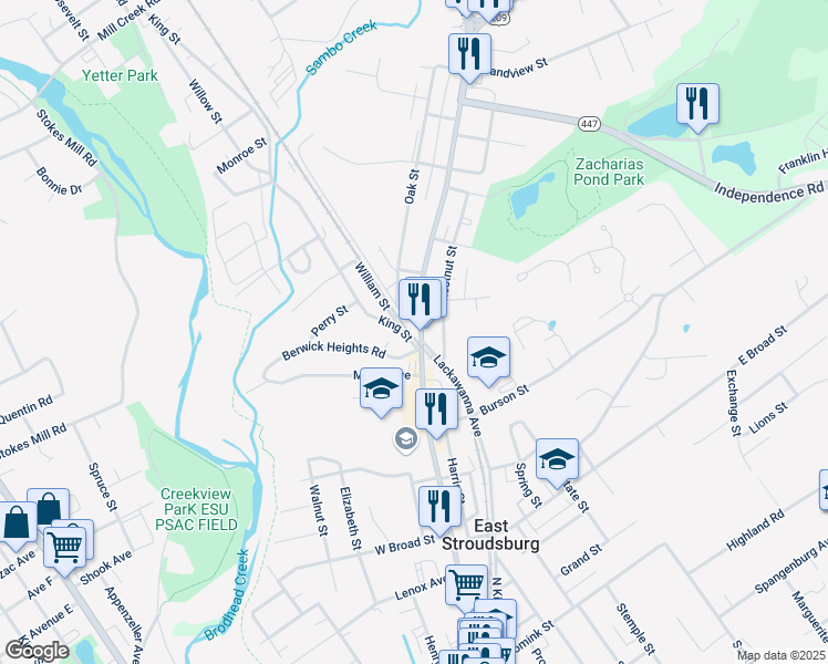 map of restaurants, bars, coffee shops, grocery stores, and more near 365 North Courtland Street in East Stroudsburg