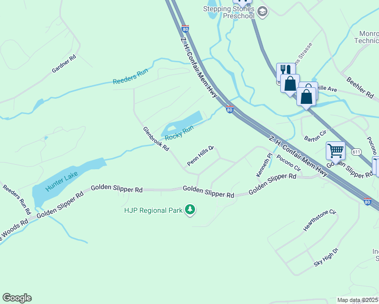 map of restaurants, bars, coffee shops, grocery stores, and more near 2519 Penn Hills Drive in Monroe County