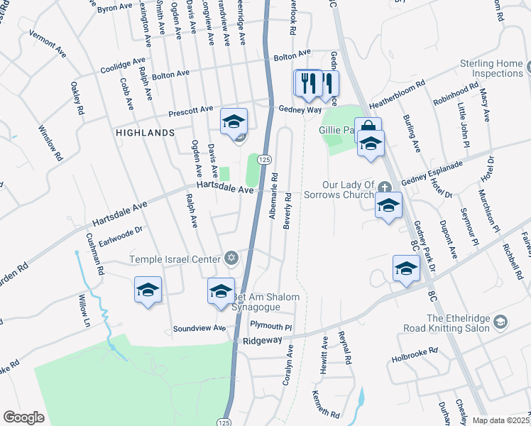 map of restaurants, bars, coffee shops, grocery stores, and more near 131 Albemarle Road in White Plains
