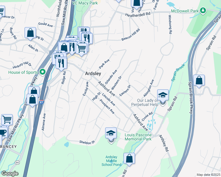 map of restaurants, bars, coffee shops, grocery stores, and more near 579 Ashford Avenue in Ardsley