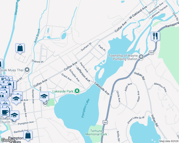 map of restaurants, bars, coffee shops, grocery stores, and more near 1 Perrin Avenue in Pompton Lakes