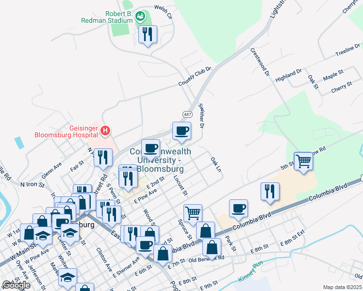 map of restaurants, bars, coffee shops, grocery stores, and more near in Bloomsburg
