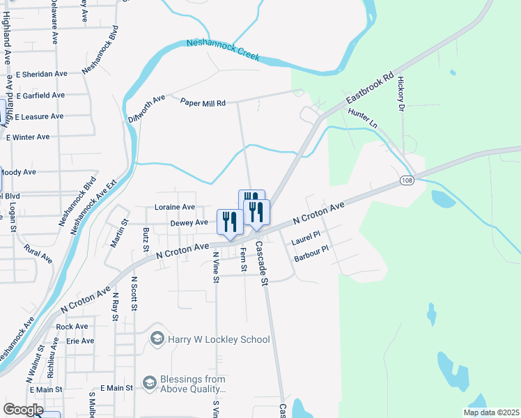 map of restaurants, bars, coffee shops, grocery stores, and more near 1207 Eastbrook Road in New Castle