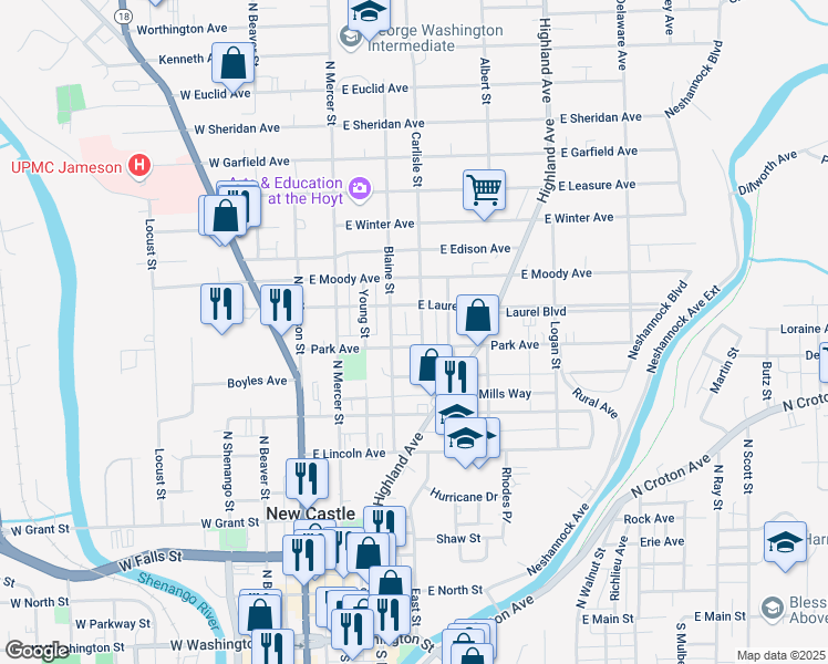 map of restaurants, bars, coffee shops, grocery stores, and more near 140 Park Avenue in New Castle
