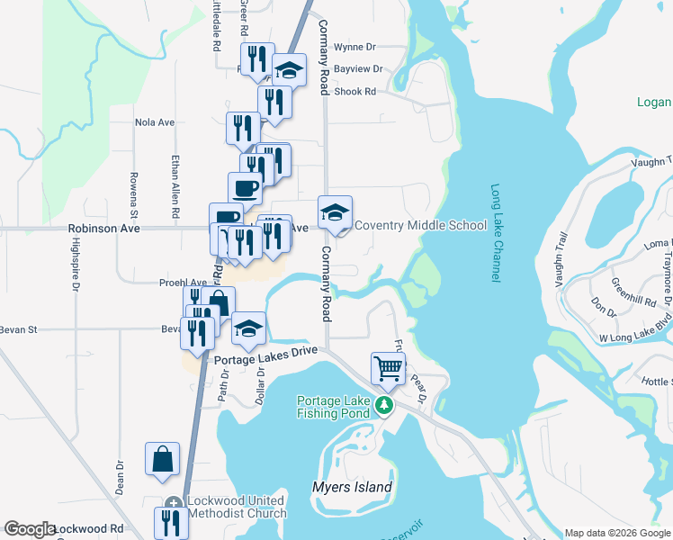map of restaurants, bars, coffee shops, grocery stores, and more near 3315 Cormany Road in Akron
