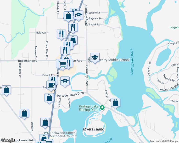 map of restaurants, bars, coffee shops, grocery stores, and more near 3315 Cormany Road in Akron