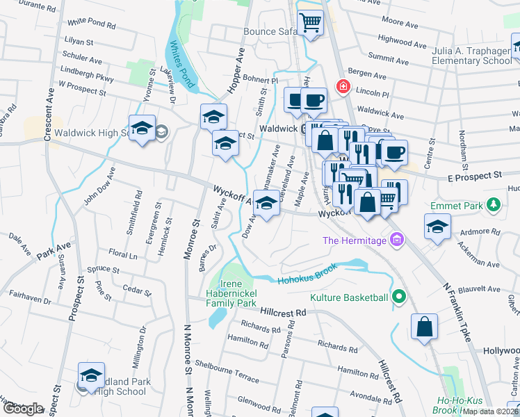 map of restaurants, bars, coffee shops, grocery stores, and more near 78 Wyckoff Avenue in Waldwick