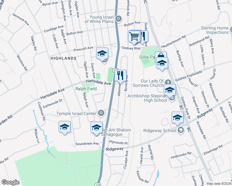 map of restaurants, bars, coffee shops, grocery stores, and more near 131 Albemarle Road in White Plains