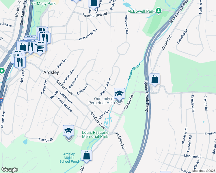 map of restaurants, bars, coffee shops, grocery stores, and more near 22 Abington Avenue in Ardsley