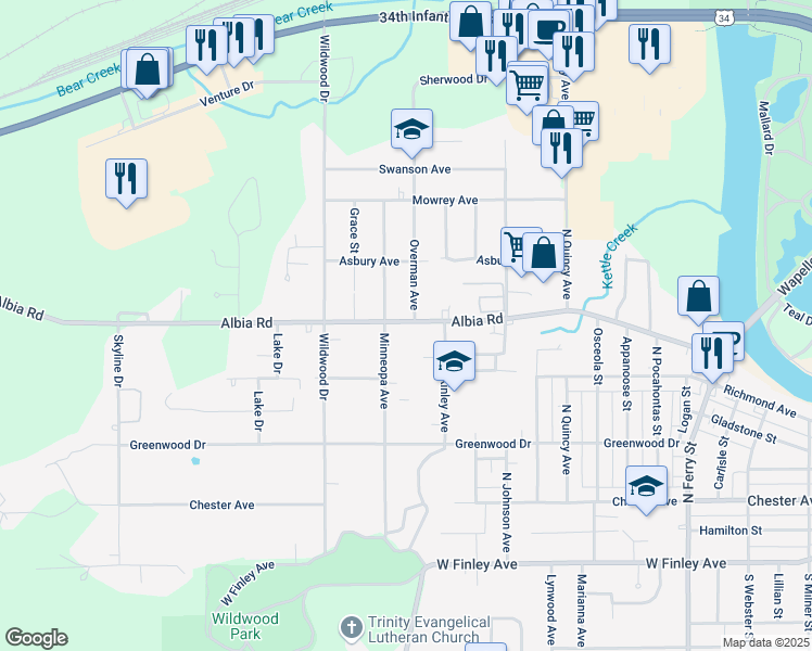 map of restaurants, bars, coffee shops, grocery stores, and more near 500 Minneopa Avenue in Ottumwa