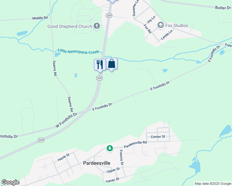 map of restaurants, bars, coffee shops, grocery stores, and more near 50 East Foothills Drive in Drums