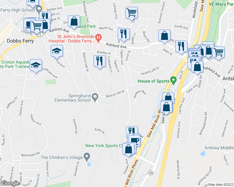 map of restaurants, bars, coffee shops, grocery stores, and more near 1 Beacon Hill Drive in Dobbs Ferry